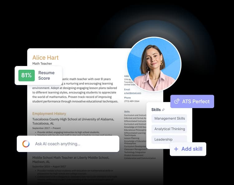Resume builder preview showing ATS score, skills tags, AI coach, and a polished resume template